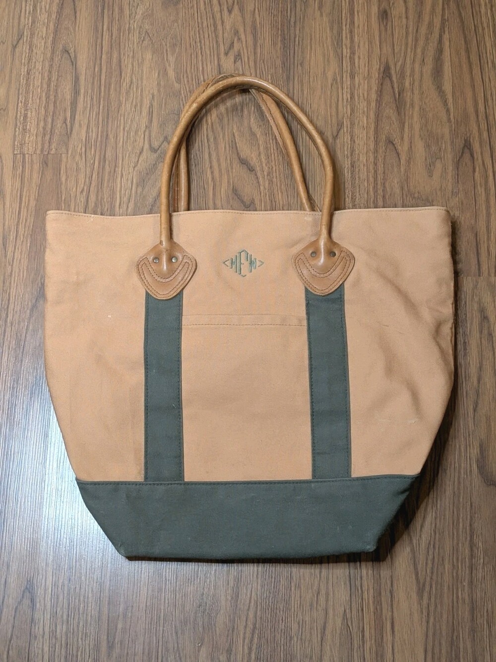 VTG LL Bean Boat & Tote Leather Handles Camel Tan Olive Green Plaid Lined MEW